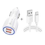 Qc3.0 Cargador de coche USB dual + Cable de carga rápida tipo C Kit de carga de coche, Type-C (White)