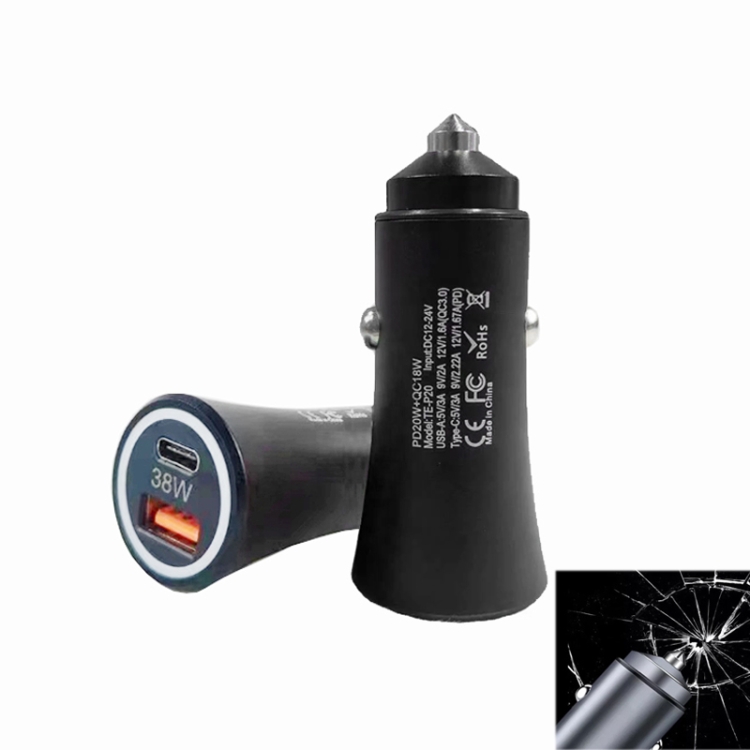 SYA002218601B.jpg P20 38W PD3.0 20W + QC3.0 USB Cargador de coche con martillo de seguridad, P20 (Black) - Imagen 1