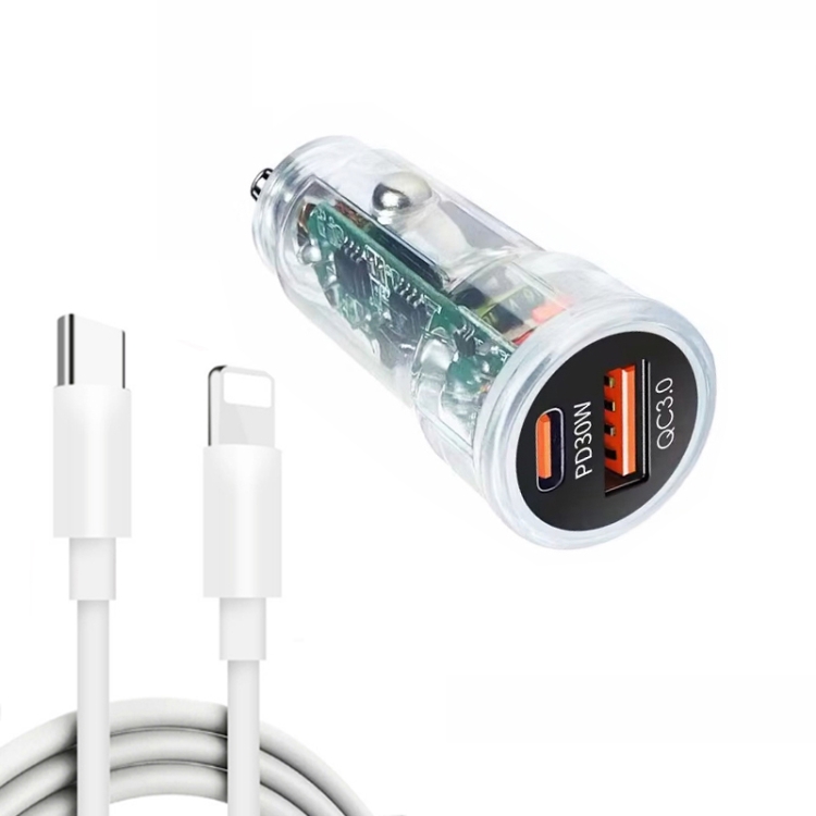 SYA002290501A.jpg Cargador de coche transparente P35 48W PD30W + QC3.0 18W USB con cable de datos de teléfono tipo C a 8 pines, P35 with Cable (Transparent) - Imagen 1