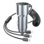 Adaptador para automóvil K15 3 en 1 Cable estirable 22.5W Carga rápida Encendedor de cigarrillos Puertos USB duales