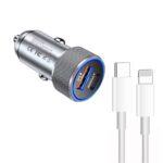 Cargador de coche USB P19 Metal PD20W USB-C + QC18W con cable de fecha tipo C a 8 pines, Type-C to 8 Pin Date Cable