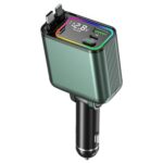 Cargador rápido para coche GC08B con cable retráctil tipo C de 8 pines y adaptador de pantalla de voltaje y luz ambiental.