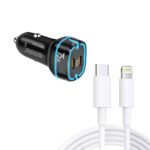 PD45W + PD30W Dual Port Type-C Car Charger with USB-C to 8 Pin Data Cable, P65 with 8 Pin Cable(Black)