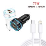 PD45W + PD30W Dual Port Type-C Car Charger with USB-C to 8 Pin Data Cable, P65 with 8 Pin Cable(Black) - Imagen 3
