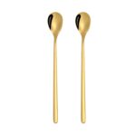 2 uds cuchara de acero inoxidable cuchara de café creativa barra cuchara de hielo cuchara agitadora larga chapada en oro, Round Spoon Gold