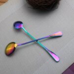 Cucharas de café con mango largo de arcoíris de acero inoxidable, cuchara agitadora de bebidas frías para pastel de postre, 2 uds., Round Spoon - Imagen 4