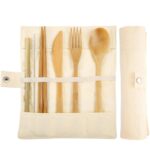 Juego de 2 piezas de vajilla de paja de bambú creativa para viaje, cuchillos, tenedor, cuchara, palillos con bolsa de tela
