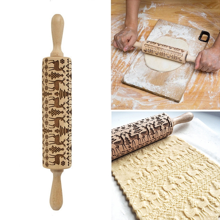 TBD0202718801A.jpg Rodillo con grabado navideño para hornear galletas, Fondant, masa para pasteles, rodillo grabado, 2 uds. - Imagen 1