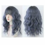 Peluca esponjosa natural de pelo largo de lana con flequillo para mujer, Haze Blue (Black On Top ) 54CM