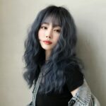 Peluca esponjosa natural de pelo largo de lana con flequillo para mujer, Haze Blue (Black On Top ) 54CM - Imagen 4