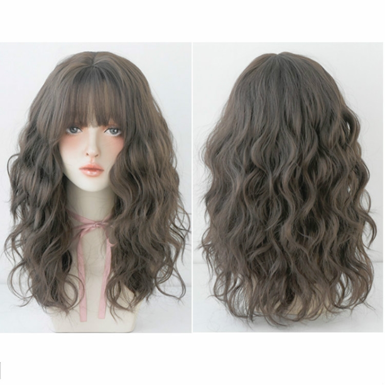 TBD0202748603.jpg Peluca esponjosa natural de pelo largo de lana con flequillo para mujer, Cold Brown 54CM - Imagen 1