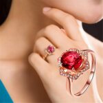 Anillo De Mujer Con Forma De Flor De Oro Rosa De Turmalina Roja De Moda, 10 - Imagen 2