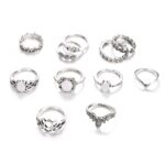 11 PCS / Set Bohemian Retro Totems Opal Lotus Crystal Hollow Ring Set
