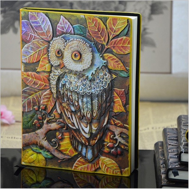 TBD0306788201A.jpg 01663 Cuaderno de bocetos de búho tallado en cuero hecho a mano, grueso, Vintage, bonito cuaderno - Imagen 1