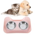 Cuenco doble de acero inoxidable para gatos y perros, cuenco para agua potable a prueba de fugas para mascotas, Dog Shape Pink - Imagen 3