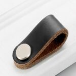 Tirador de puerta de cuero para armario de cocina, tirador de cajón, Black Single Hole