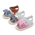 Zapatos de verano antideslizantes para cuna de tejido suave a cuadros con lazo, sandalias individuales antideslizantes, 12 - Imagen 4