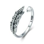 S925 Anillo abierto de plata con forma de hoja para mujer