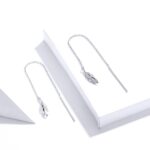 Pendientes largos de plata esterlina con forma de oreja de plumas Pendientes de niña simples chapados en platino - Imagen 4