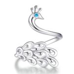 Anillo abierto chapado en oro blanco con pavo real de plata esterlina S925