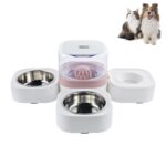 Bebedero automático lavable extraíble transparente para mascotas con caja de comida de acero inoxidable, Double Bowls (Pink)