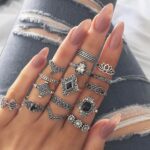 15 UNIDS Bohemia Retro Cristal Flor Hojas Hueco Lotus Gem Anillo de Plata Conjunto