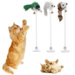 3 uds divertidos juguetes para gatos plumas elásticas ratón falso inferior juguetes con ventosas para gato gatito jugando asiento para mascotas juguete para rascar producto para gatos, Feather Funny Cat Toys - Imagen 2