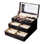 Caja de empaquetado de encargo de la exhibición del almacenamiento de las gafas de sol del cuero de la PU del estuche de gafas de tres capas de 18 rejillas, Size: 33.5x19.5x22.5 cm