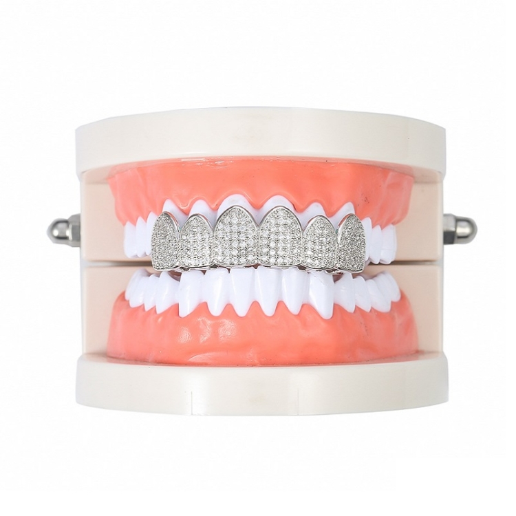 TBD0557783705.jpg Accesorios de Halloween Tirantes de hip-hop de circonio con microincrustaciones, Silver Upper Teeth - Imagen 1