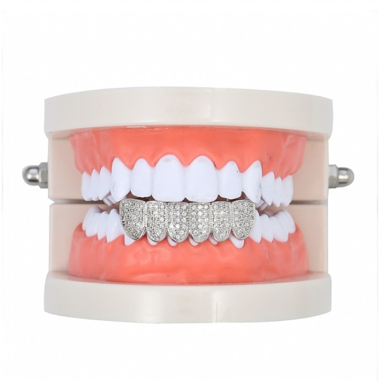 TBD0557783706.jpg Accesorios de Halloween Tirantes de hip-hop de circonio con microincrustaciones, Silver Lower Teeth - Imagen 1