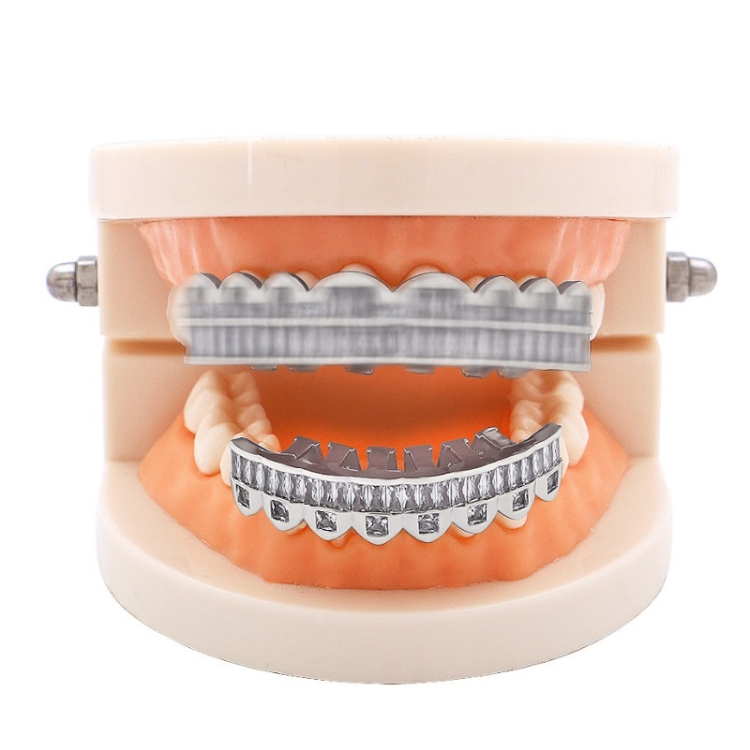 TBD0558081204.jpg 8 dientes cuadrados de circonio dientes de oro tirantes de hip hop, Silver Lower Teeth - Imagen 1