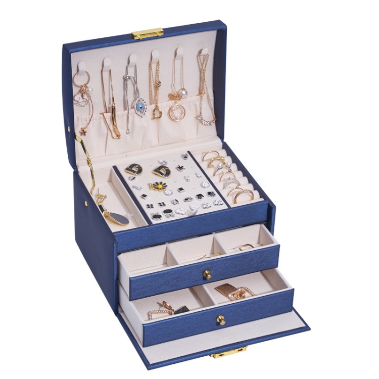 TBD0558082401B.jpg Caja de almacenamiento de joyas tipo cajonera de cuero de tres capas, caja para pendientes con cerradura, Three-Layer (Navy Blue) - Imagen 1