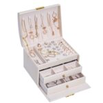 Caja de almacenamiento de joyas tipo cajonera de cuero de tres capas, caja para pendientes con cerradura, Three-Layer (Creamy White)