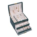 Caja de almacenamiento de joyas tipo cajonera de cuero de tres capas, caja para pendientes con cerradura, Three-Layer (Dark Green)