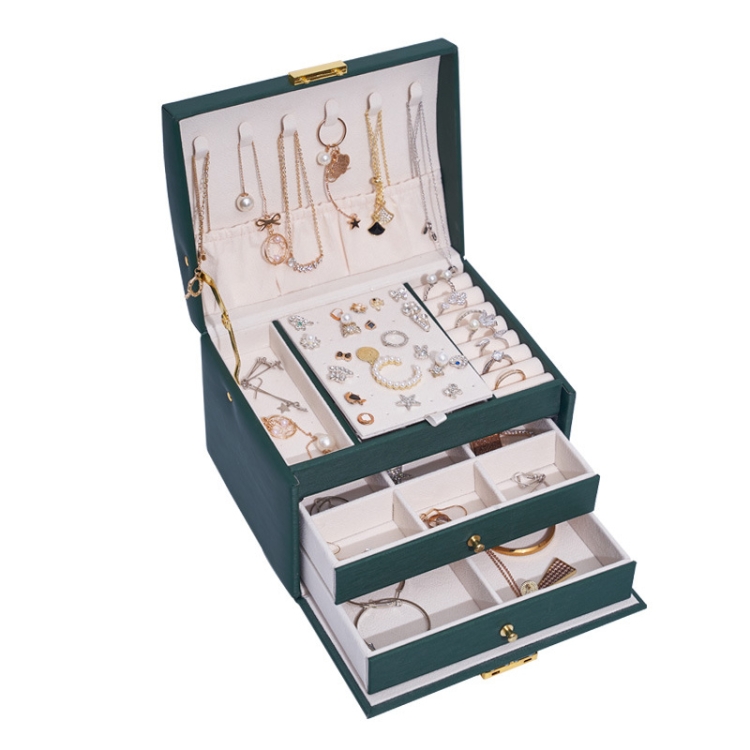 TBD0558082401D.jpg Caja de almacenamiento de joyas tipo cajonera de cuero de tres capas, caja para pendientes con cerradura, Three-Layer (Dark Green) - Imagen 1