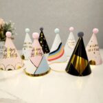 10 Uds. Sombrero de fiesta de cumpleaños para niños y adultos, sombrero de papel de cumpleaños con bola de piel, Geometric Pink, Polygon Love Heart, Half Round Five-pointed Star Pink, Half Round Five-pointed Star Blue, Rainbow Style, European Lace Pink... - Imagen 3