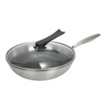 Wok doméstico de fondo plano sin aceite y sin recubrimiento de acero inoxidable 304, adecuado para cocina de inducción a gas, 32cm