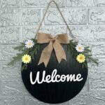 Decoraciones para el hogar, corona de Pascua, accesorios de tiro, corona para colgar en la puerta, Dark Blue Welcome Wooden Sign