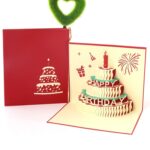 2 PCS 3D Tarjeta de cumpleaños de pastel tridimensional Tarjeta pequeña de regalo hecha a mano para niños, Red Cover, Golden Cover