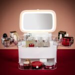 Caja de almacenamiento de cosméticos Productos para el cuidado de la piel a prueba de polvo Escritorio LED con estante de espejo, White Large LED Light Model