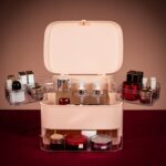 Caja de almacenamiento de cosméticos Productos para el cuidado de la piel a prueba de polvo Escritorio LED con estante de espejo, Pink Large Ordinary Model