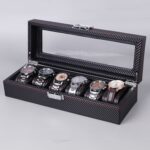 Caja de reloj de cuero de PU de fibra de carbono Caja de almacenamiento de joyería Caja de embalaje, estilo:, 6 Watch Positions