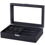 Caja de gafas de reloj de PU 6 + 3 Caja de reloj de piel de PU de fibra de carbono Caja de gafas de sol, 6 + 3 Black