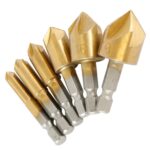 Taladro de cuchillo de chaflán de 90 grados Chamer de cinco hojas chapado en titanio con mango hexagonal, Five-Blade