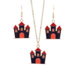 2 juegos de joyería de Halloween, collar de pendientes de castillo galvanoplastia de aleación con personalidad, Castle