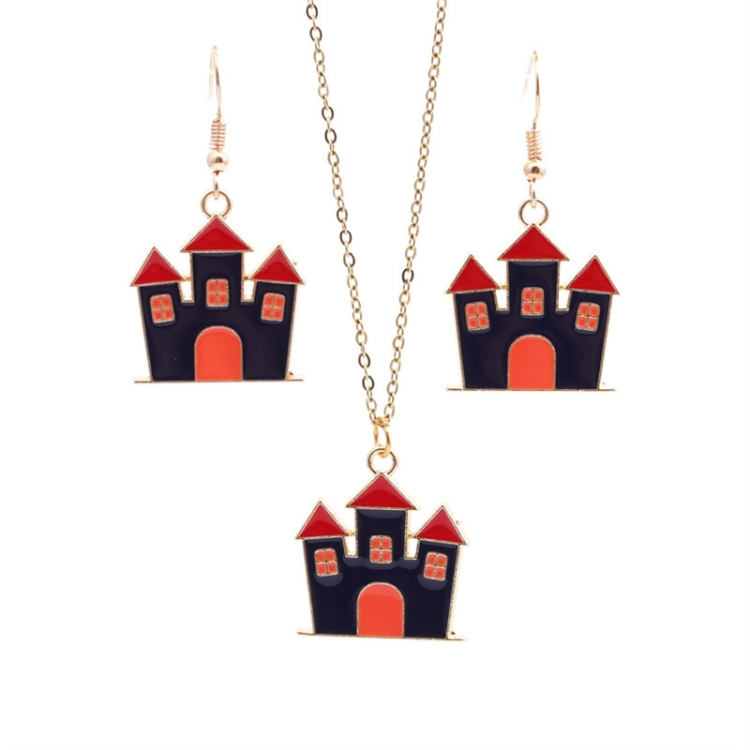 TBD0602496801A.jpg 2 juegos de joyería de Halloween, collar de pendientes de castillo galvanoplastia de aleación con personalidad, Castle - Imagen 1