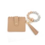 Cartera de pulsera de cuentas de silicona con borla de PU con llavero, Khaki
