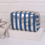 Neceser cosmético impermeable de PU a rayas multifuncional, Azul, Negro, Rosado, Roja de rosa, Oro, Plata