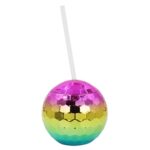 D001-2 Copa de bola galvanizada Flash Bola redonda Vaso de agua de plástico con pajita, Rainbow Color