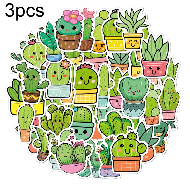 TBD0603142601A.jpg 3 Sets 50PCS / Set Cartoon Cactus DIY Handbook Pegatinas decorativas Floral Laptop Etiqueta impermeable, Cactus - Imagen 1